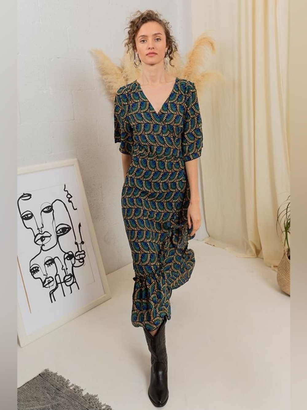 Silk & Salt Journey Maxi Wrap Dress African Peacock Print in Teals and Navy Med.